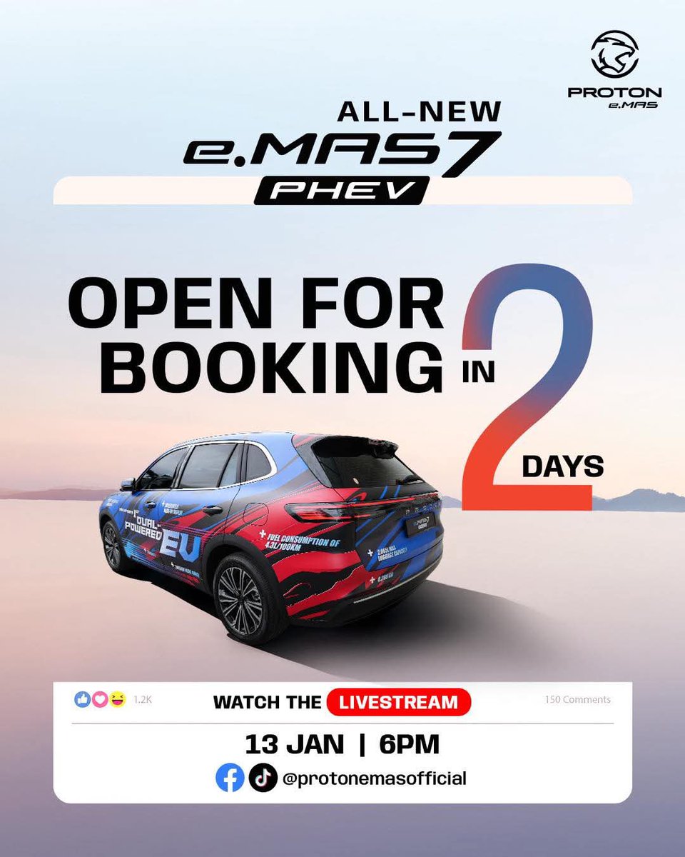 MuszeMAS's tweet image. 2 more days! Proton e.MAS 7 PHEV, Malaysia’s 1st Dual-Powered EV, will be open for booking via the official livestream on 13 Jan, 6PM on Facebook and TikTok, @protonemasofficial.

Can’t wait? So are we. Mark your calendar!

#PROTONeMAS #PROTONEV #INSPIRINGCONNECTIONS #emas7PHEV