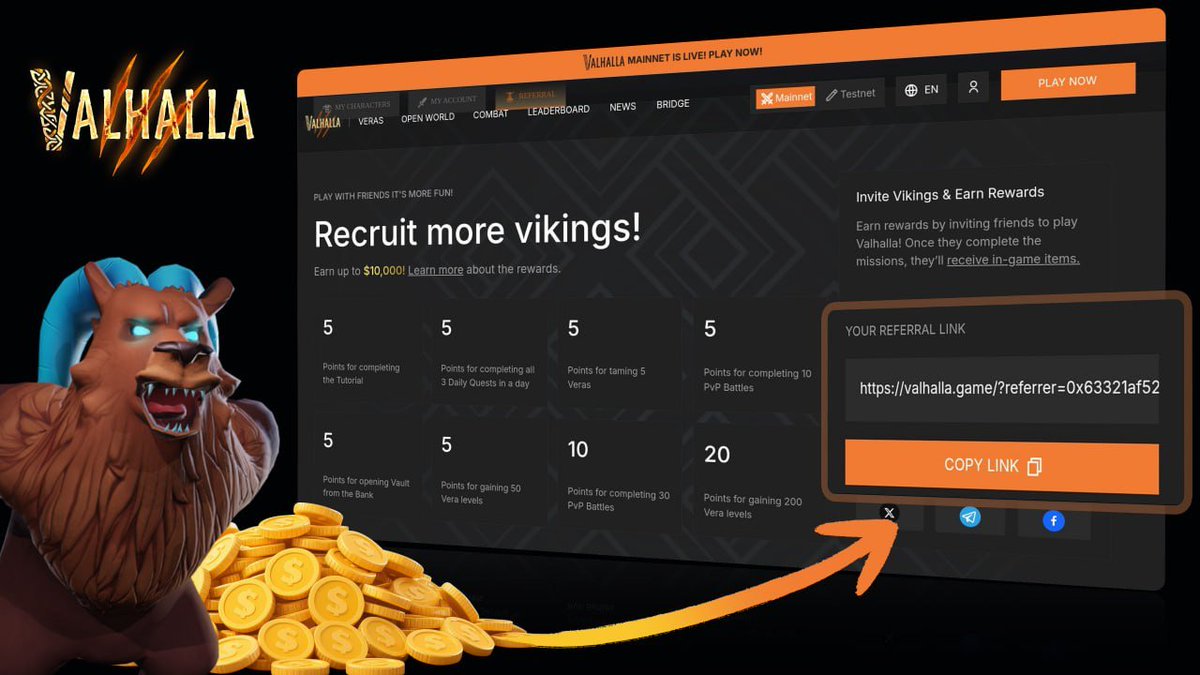FLOKI's tweet image. Thinking about diving into @ValhallaP2E⚔️

💡Use someone's referral link when you join! It's a no-brainer if you want early-game bonuses like: XP boosts, loot chests, and special amulets!

Valhalla rewards both you AND your referrer. 👇

valhalla.game/invite-a-friend