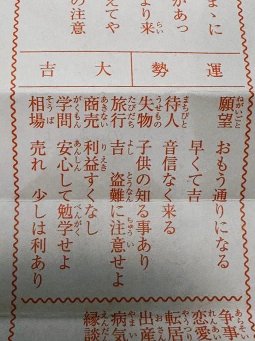 初詣、初めて行った神社でおみくじ引いて、大吉だったので応援してくれてるのかなって思って嬉しくなっちゃった。
神様、私がんばるね✌️

でも大吉なのに商売が利益少なしって何⁉️そこ一番大事だが⁉️ 