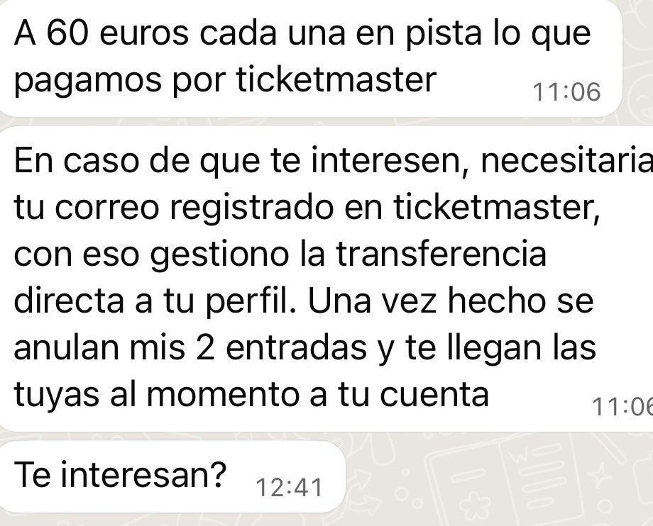 rodri421669's tweet photo. CUIDADO, están estafando vendiendo entradas en Twitter vía bizum/whassap, haciendo creer que te lo van a vender por ticketmaster y pidiéndote tu correo!! 🚨🚨
Es todo falso, no compréis nada a no ser de que sea conocido o por plataformas echas para eso.
Mirad mi perfil!! https://t.co/ROSDqohU9b