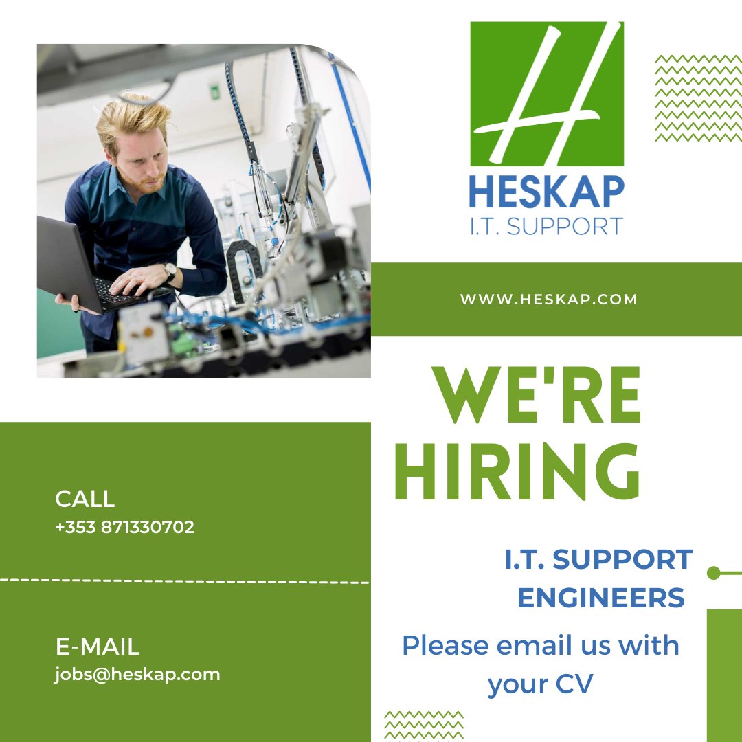 📷 Join Our Team!
Heskap IT Support is currently recruiting an I.T. Support Engineer.
Looking for your next opportunity in IT? This could be the perfect role for you!
📷 Email your CV to jobs@heskap.com
📷 Call or WhatsApp  us on +353 871330702
📷 heskap.com
#JOBS