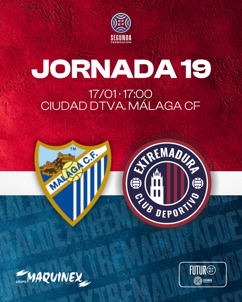 𝐉𝐎𝐑𝐍𝐀𝐃𝐀 1⃣9⃣🚌

🆚 Atlético Malagueño 
📅 Sábado 17 de enero
🕔 17:00
🏟️ Ciudad Deportiva Málaga CF 

#AtcoMalagueñoExtremadura #SegundaFederación