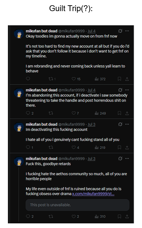 hey man what happened to "leaving" like you've said before? <a href="/mikufan9999/">mikufan99</a> <a href="/Gooberousfire/">Break time!</a> yall are genuinely so disappointing its embarassing lmaooo

(context: mikufan's priv got leaked, he guilt tripped like always, he hid his account, now its up and privated)