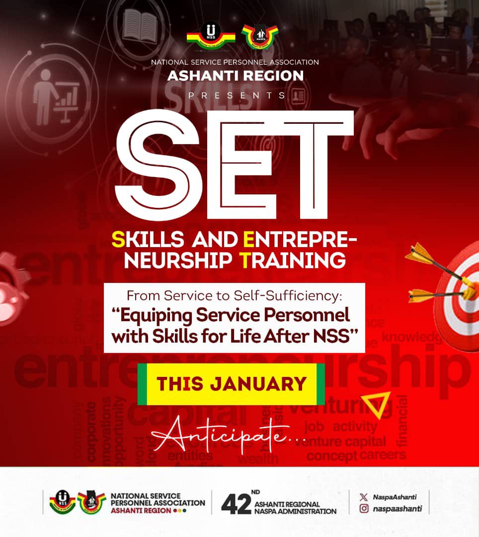 •|| On your mark, get SET? ||•

The Ashanti Regional NASPA brings you the maiden edition to equip its NSPs and beyond with “Skills and Entrepreneurship Training (SET)”.

Mark your calendars this January as we get SET!!!

© A/R NASPA 2024/2025