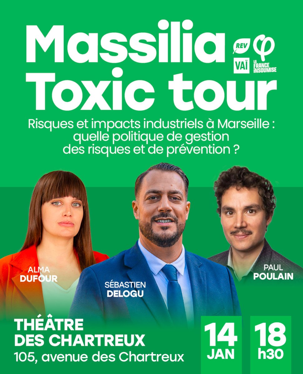 Nous organisons mercredi avec <a href="/alma_dufour/">Alma Dufour</a> <a href="/sebastiendelogu/">Sébastien DELOGU</a> et le spécialiste des risques industriels Paul Poulain un Toxic Tour à #Marseille pour mieux prendre en compte les risques et la pollution industrielle et mieux protéger les travailleurs et les habitants et leur santé✊