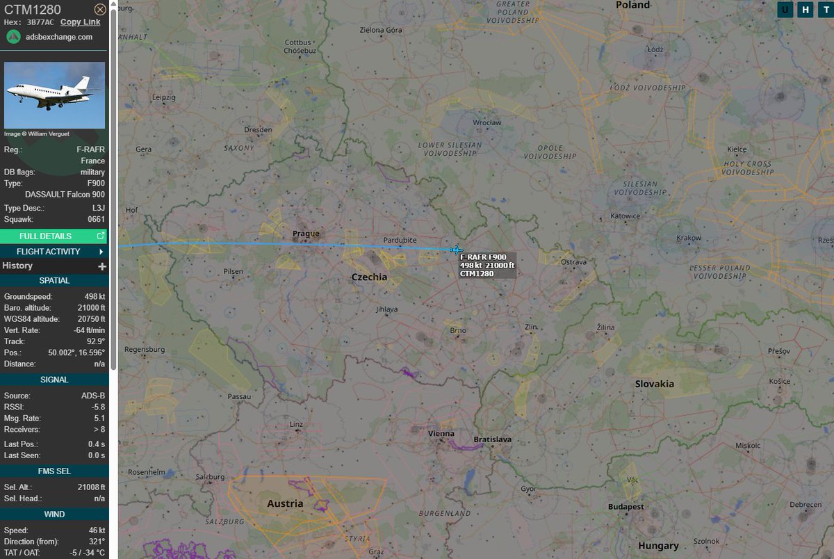 PolishMilRadar's tweet photo. 📅12.01 🕘11:40LT - 🇫🇷✈️ Dassault Falcon 900EX EASy do Rzeszowa 🇵🇱
🇫🇷 Siły Powietrzne Francji
✈️ Dassault Falcon 900EX EASy | Reg: "F-RAFR"
🛫 Baza Lotnicza Vélizy-Villacoublay #LFPV | Francja 🇫🇷
🛬 Rzeszów Jasionka #EPRZ 🇵🇱
#CTM1280 leci na wysokości przelotowej 21 000 stóp/6408 metrów
🔗https://t.co/M6sDLVfyB2
#POLMILRADAR