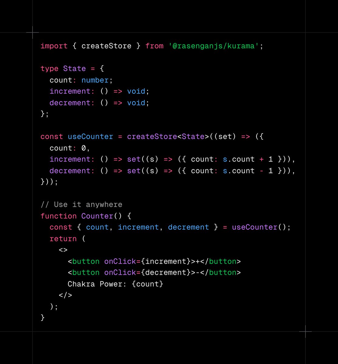 Kurama 1.0.0 is live 🔥

The 9-nails State Management is officially released ✨

Inspired by Zustand, Kurama will help you easily manage your state into your <a href="/reactjs/">React</a> app.

It's not binded on <a href="/rasenganjs/">Rasengan</a> but, it can be used in any React app.

Start here
rasengan.dev/packages/kurama