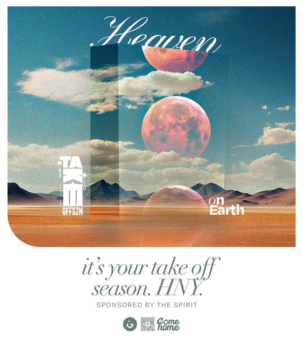 2026 is here, and we're calling it Heaven on Earth.
 
sponsored by the Spirit, fuelled by faith, done with God and with people. whatever didn't work last year? let's try again. it's take off season ✈️