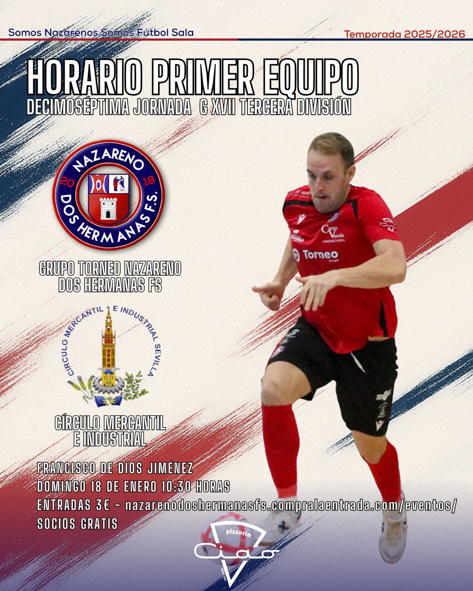 HORARIO PRIMER EQUIPO 🕥 | <a href="/PizzeriasCiao/">Pizzerias Ciao</a> | Nuestra vuelta al pabellón, este domingo a las 10:30 horas con un derbi frente a Círculo Mercantil   

🏠 Todo un derbi provincial para inaugurar el nuevo curso en casa, nazarenos, ¡os esperamos en el pabellón!  

🏆 Tercera División