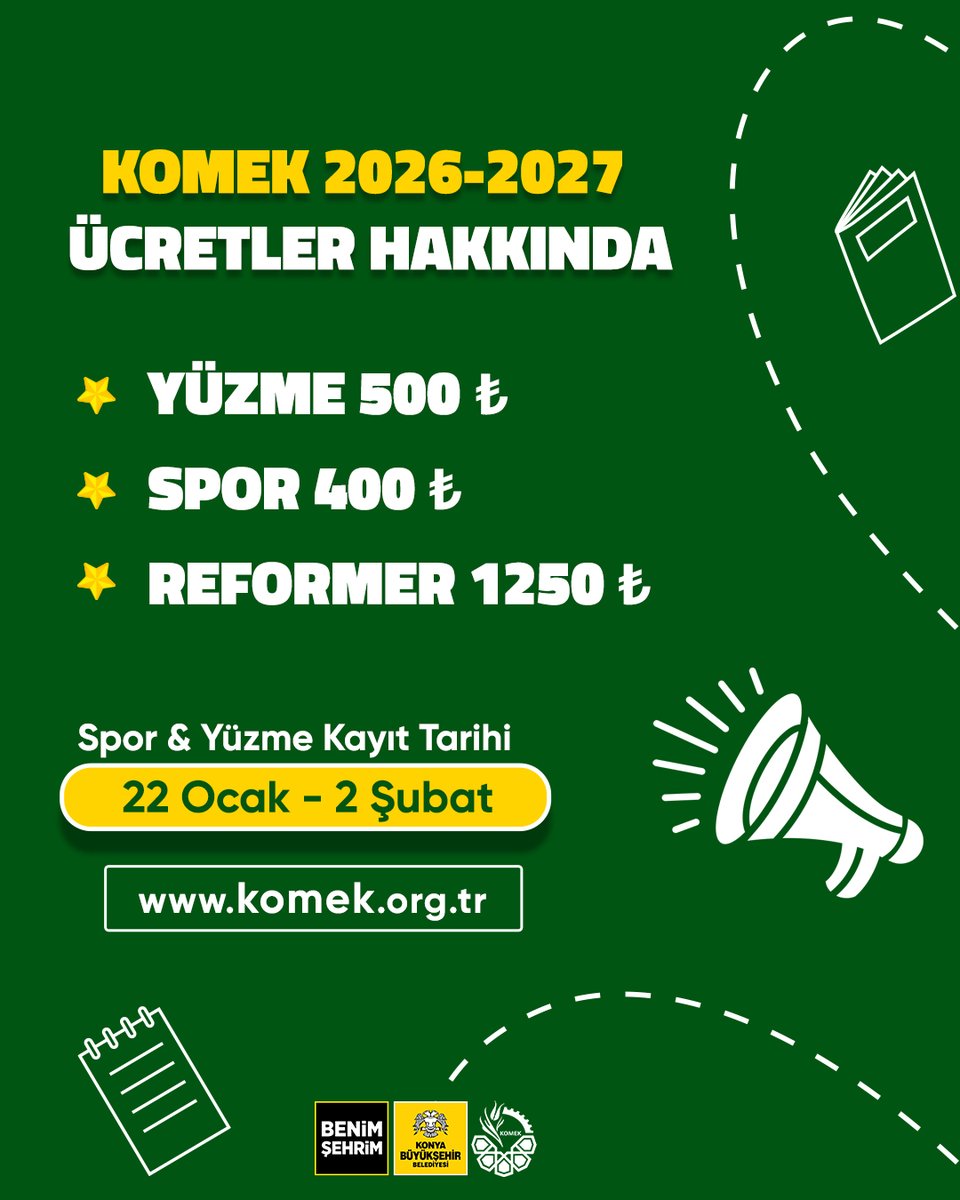 komekkonya's tweet photo. 📢 KOMEK 2026–2027 Ücret Bilgilendirmesi

Herkes için erişilebilir spor ve sağlıklı yaşam hedefiyle yeni döneme hazırız.

🏊 Yüzme: 500 ₺
🏋️ Spor: 400 ₺
🤸 Reformer: 1.250 ₺

🗓 Spor &amp; Yüzme Kayıt Tarihleri: 22 Ocak – 2 Şubat
🌐 https://t.co/cwPjZgfZG8 https://t.co/w1Iti5fwmi