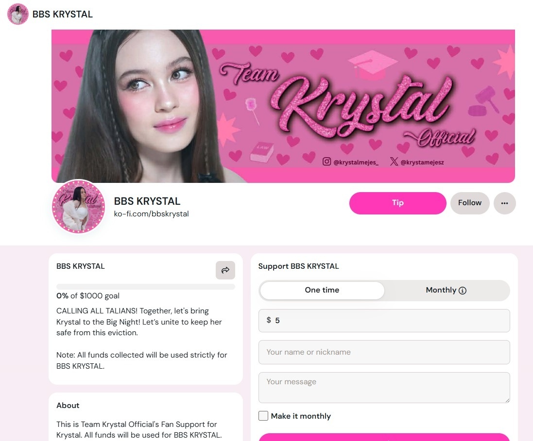 _teamkrystalofc's tweet photo. Hi Talians.

We’ve created a Ko-fi!

Krystal is up for eviction this week, and this is our chance to support her. Fans outside the Philippines can now easily help through our Ko-fi page.

Let’s come together to keep Krystal inside the house and bring her closer to the Big Night! ✨

Link: https://t.co/x7NR15znKP

#KrystalMejes | Krystal Mejes