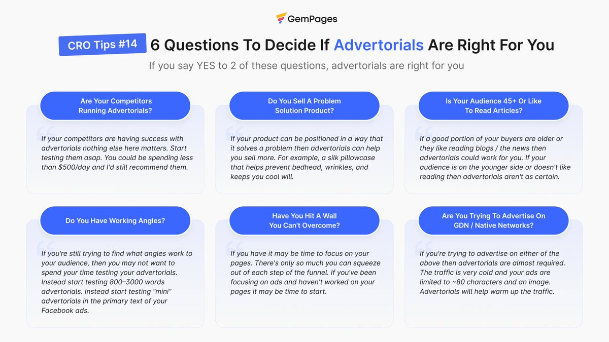 𝗖𝗥𝗢 𝗧𝗶𝗽𝘀 #𝟭𝟰: 𝟲 𝗾𝘂𝗲𝘀𝘁𝗶𝗼𝗻𝘀 𝘁𝗵𝗮𝘁 𝗵𝗲𝗹𝗽 𝘆𝗼𝘂  𝗱𝗲𝗰𝗶𝗱𝗲 𝘄𝗵𝗲𝘁𝗵𝗲𝗿 𝗔𝗱𝘃𝗲𝗿𝘁𝗼𝗿𝗶𝗮𝗹𝘀 𝗮𝗿𝗲 𝗿𝗶𝗴𝗵𝘁  𝗳𝗼𝗿 𝘆𝗼𝘂 Advertorials can be a powerful growth tactic but only when  they fit your business. Successful ...