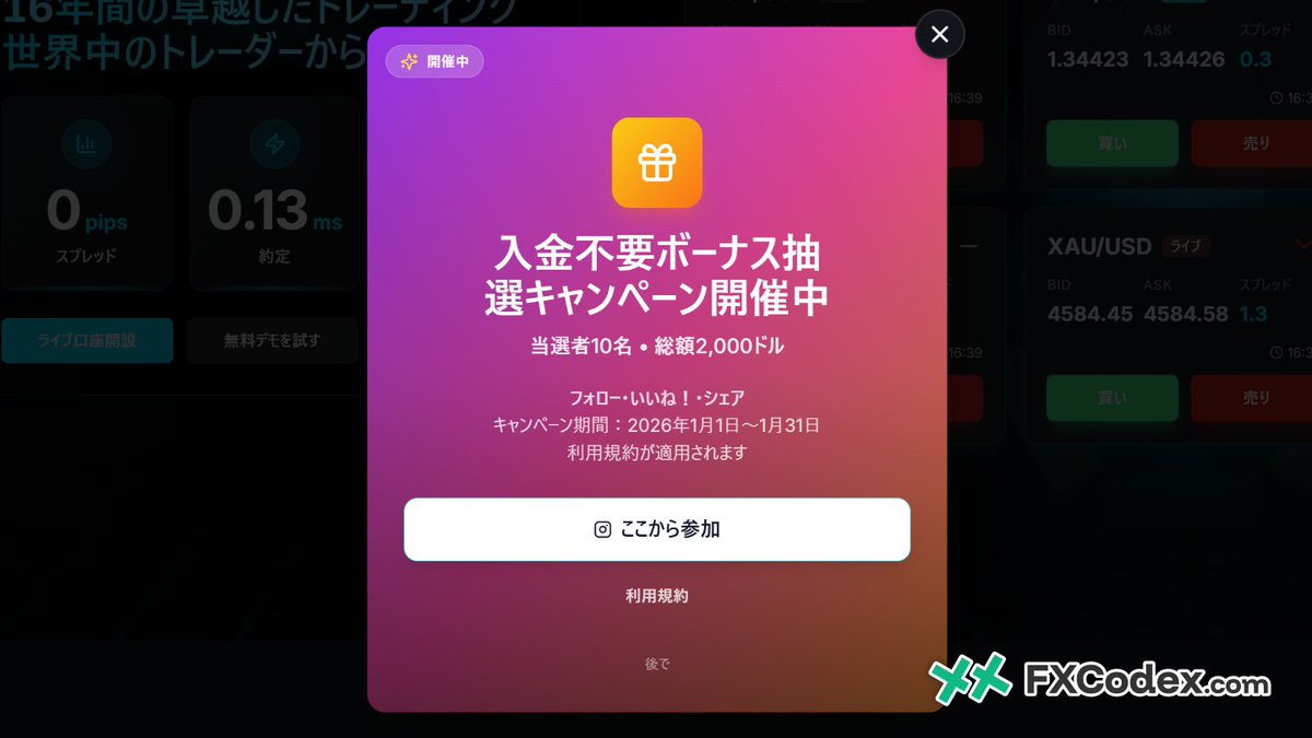 FX Codexでは、３万円を超える高額な口座開設ボーナスのプレゼントも実施しています。 FX Codexから進んだ海外FX 会社で、画像のような「入金不要ボーナス抽選キャンペーン開催中」などの表示が出たら、無料でボーナスがもらえるチャンスです。 今日も新しいプロモが追加  ...