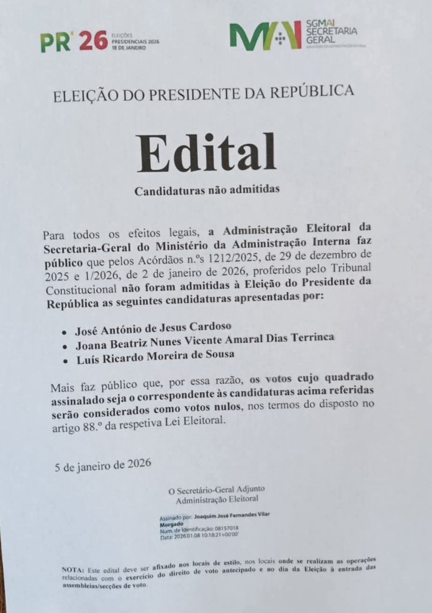 Im45710292's tweet image. Constam no boletim de voto para as próximas eleições presidenciais os nomes de três pessoas que não reuniram as condições legais para serem candidatas.
Tal situação é de uma gravidade extrema e representa um falhanço inaceitável do sistema democrático.