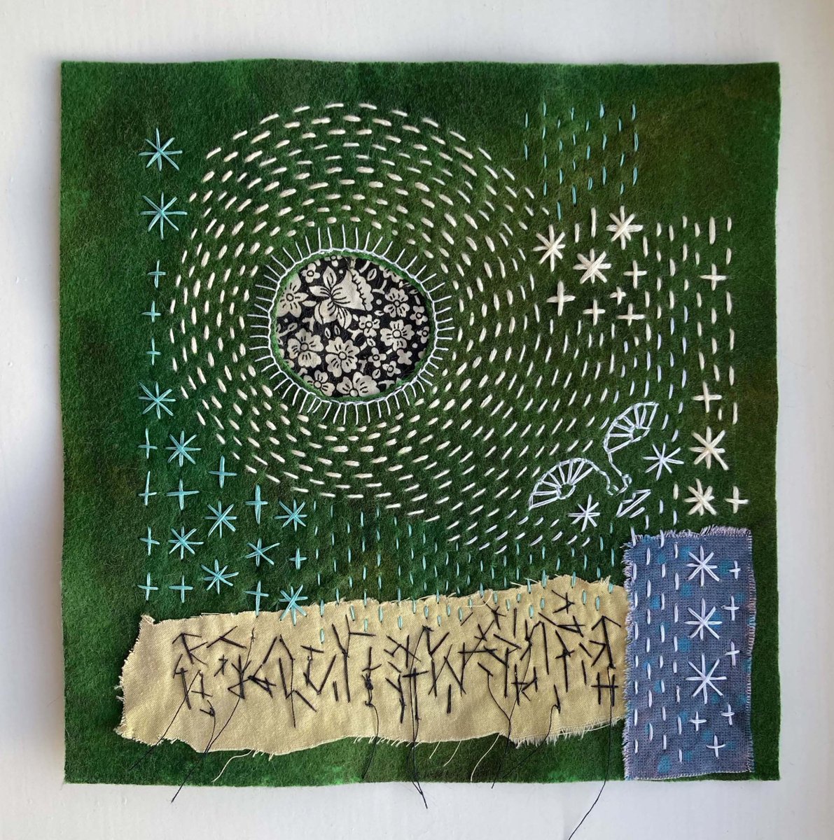 Free-style stitching on a felt collage and a small window to another layer of fabric. 

.. 

#stitchingonfelt #textileart #asemicwriting #experimentalart #embroiderycollage #slowstitching