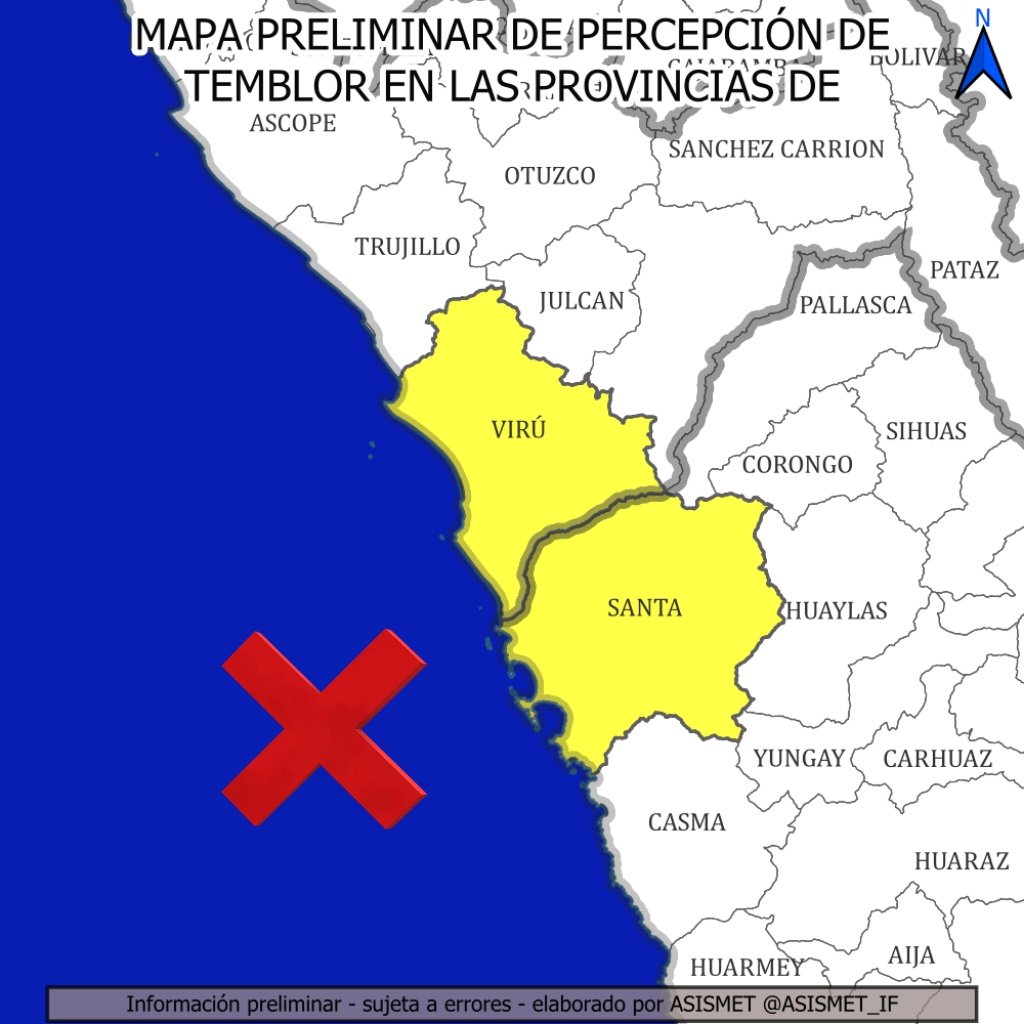 Asismet_IF's tweet photo. EVENTO 2026-006
⚠️#Sismo en #Chimbote #Viru #Perú🇵🇪(05:50 12/01/2026)
📢¡Agáchese, cúbrase y sujétese!🚷
🫨Intensidad del #temblor: III leve🟣
🚦Magnitud estimada: 4,0±0,1
🗒️Coméntenos, ¿desde qué distrito lo sintió? https://t.co/iVAMPOJCIO