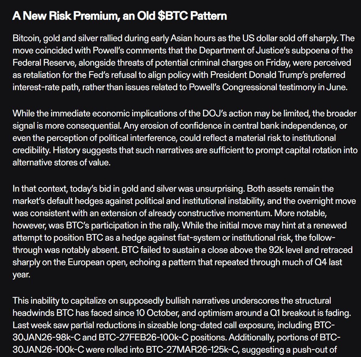 🚨FRB独立性への疑念が市場を揺さぶる 司法省がFRBに召喚状→ドル急落で金・銀・ $BTC が同時高騰💹 しかし $BTC  は9万2000ドル突破失敗、欧州時間で反落📉 デリバティブ市場は強気を3月に先送り 次の焦点は1/13CPI、1/14関税判決⚖️  中銀の信頼が揺らぐ時、BTCは逃避先 ...