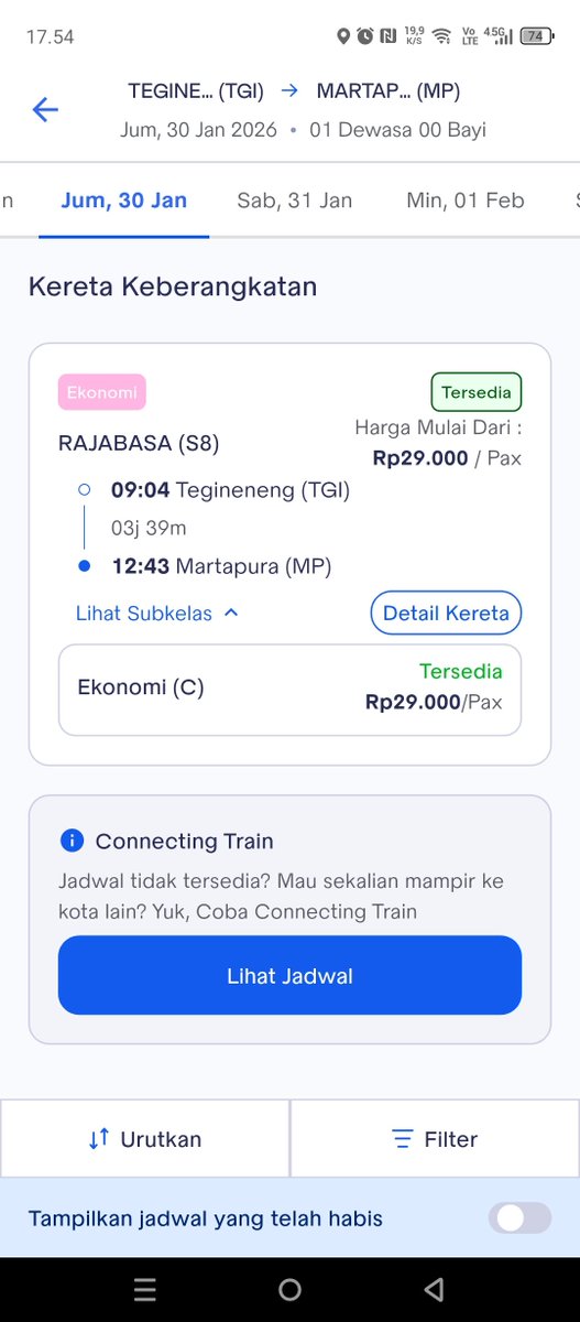 permisi min <a href="/KAI121/">Kereta Api Indonesia</a> untuk KA kuala stabas dari stasiun Tegineneng ke martapura untuk tanggal 30 januari apakah habis dipesan atau tidak beroperasi?