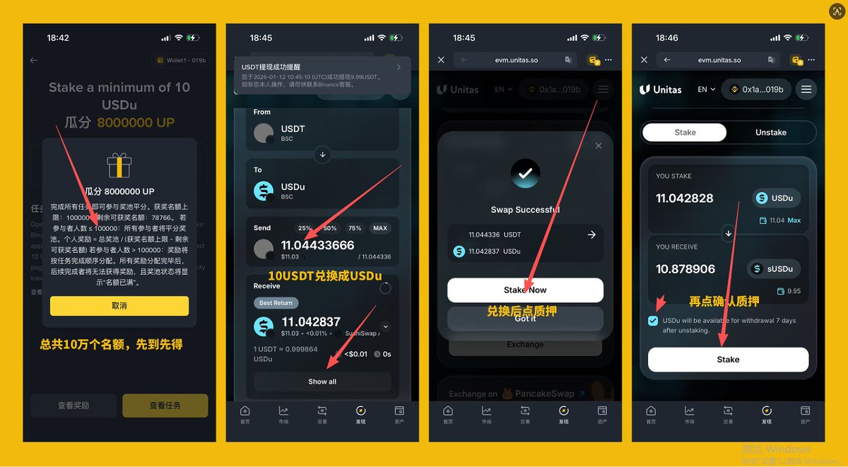 好久没做币安钱包Booster的活动了

Unitas 活动第一阶段
门槛61个alpha积分，参与需要扣5分alpha积分
总共8M $UP 代币，10万个名额每人80个代币

先准备10个BSC链的USDT，直接交易所提
前面都是社交任务做完点开，第4⃣个任务

进入先把10USDT 兑换成USDu,再点击质押

按👇图操作,名额先到先得。