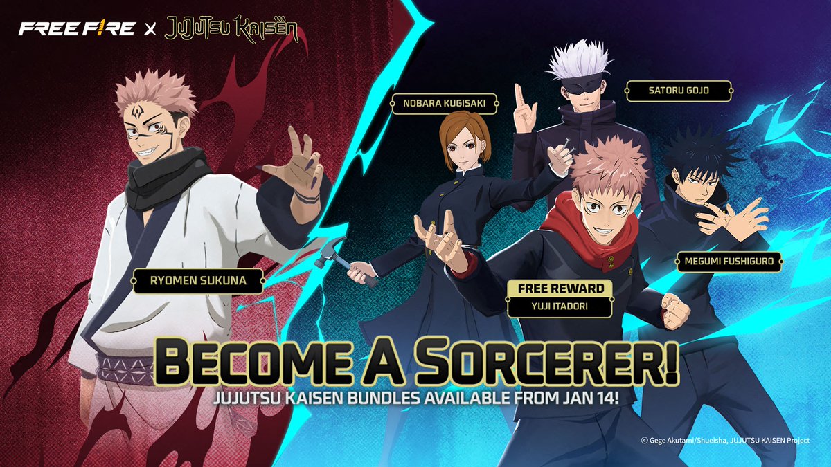 Kakuchopurei's tweet image. Free Fire and Jujutsu Kaisen collab to run from January 14 to Feb 13.

-Enter the Domain of Cursed Power
-New Jujutsu-inspired Battle Royale and Clash Squad Mechanics
-The Sorcerer's Collection up for grabs

#anime #freefire #battleroyale #JujutsuKaisen