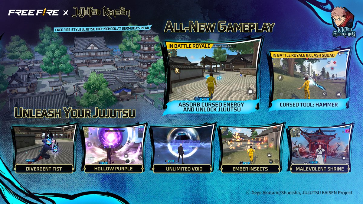 Kakuchopurei's tweet image. Free Fire and Jujutsu Kaisen collab to run from January 14 to Feb 13.

-Enter the Domain of Cursed Power
-New Jujutsu-inspired Battle Royale and Clash Squad Mechanics
-The Sorcerer's Collection up for grabs

#anime #freefire #battleroyale #JujutsuKaisen