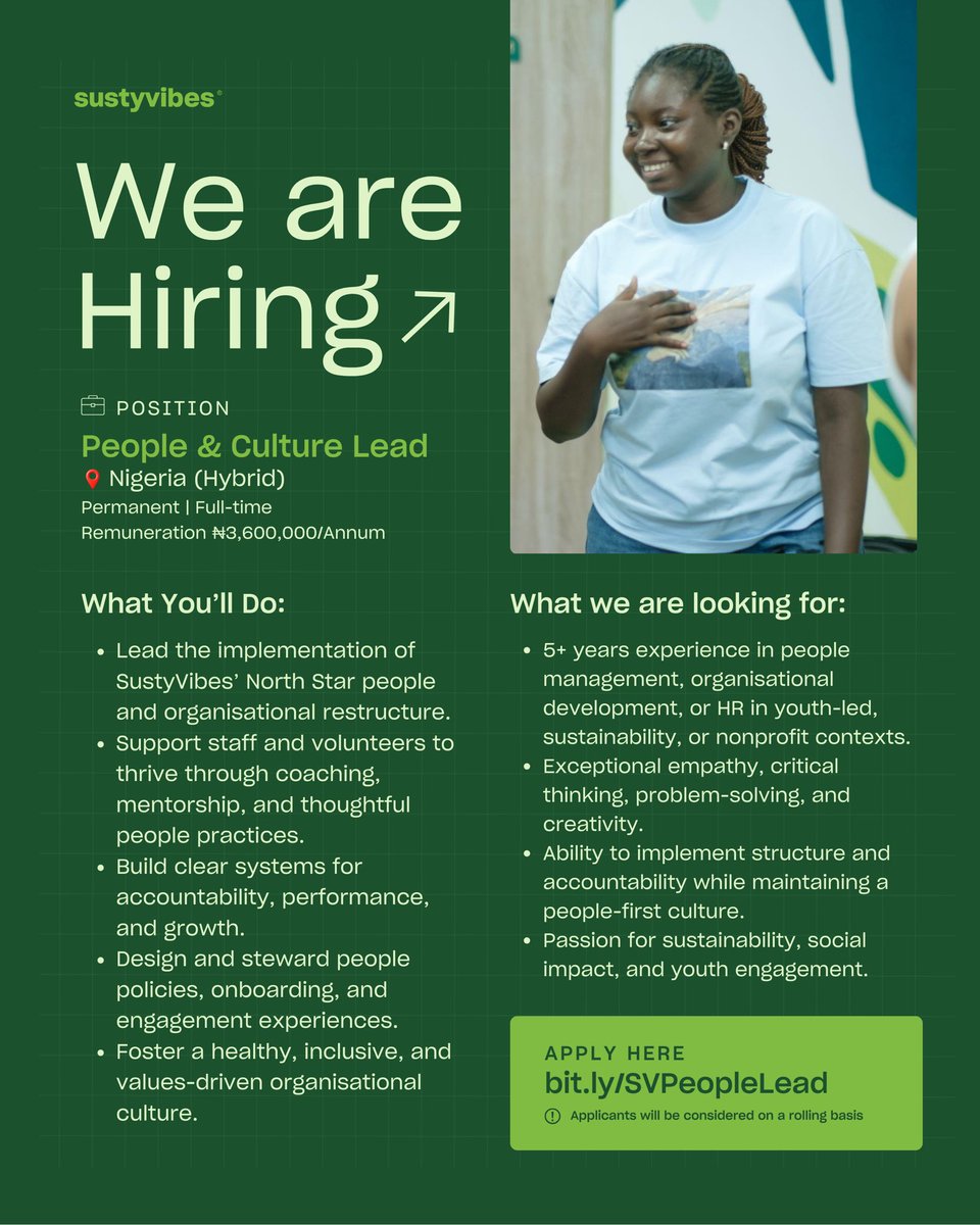 SustyVibes's tweet photo. Now hiring: People & Culture Lead.
If bulding people-centred organisations excites you, this might be your next step.
Apply here: https://t.co/t4ROotTTGM
#SustyVibes #NewRoleOpportunity #CurrentlyRecruiting https://t.co/UrPSlJUqI3