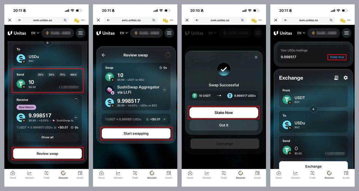 2) Enter at least 10 USDT, approve the spend in your wallet and confirm the swap.

After it completes, click “Stake Now” in the pop-up or use the same button next to your USDu balance on the Buy page.