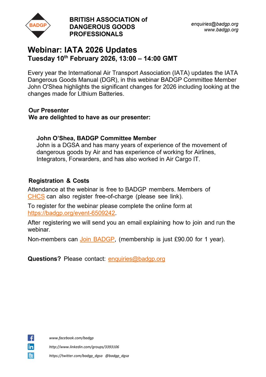 New BADGP Webinar: IATA 2026 Updates

Tuesday 10th February 2026, 13:00 - 14:00 GMT

To register for the webinar, please visit: badgp.org/event-6509242

Questions? Please contact: enquiries@badgp.org

#badgp #dgsa #dangerousgoods #iata