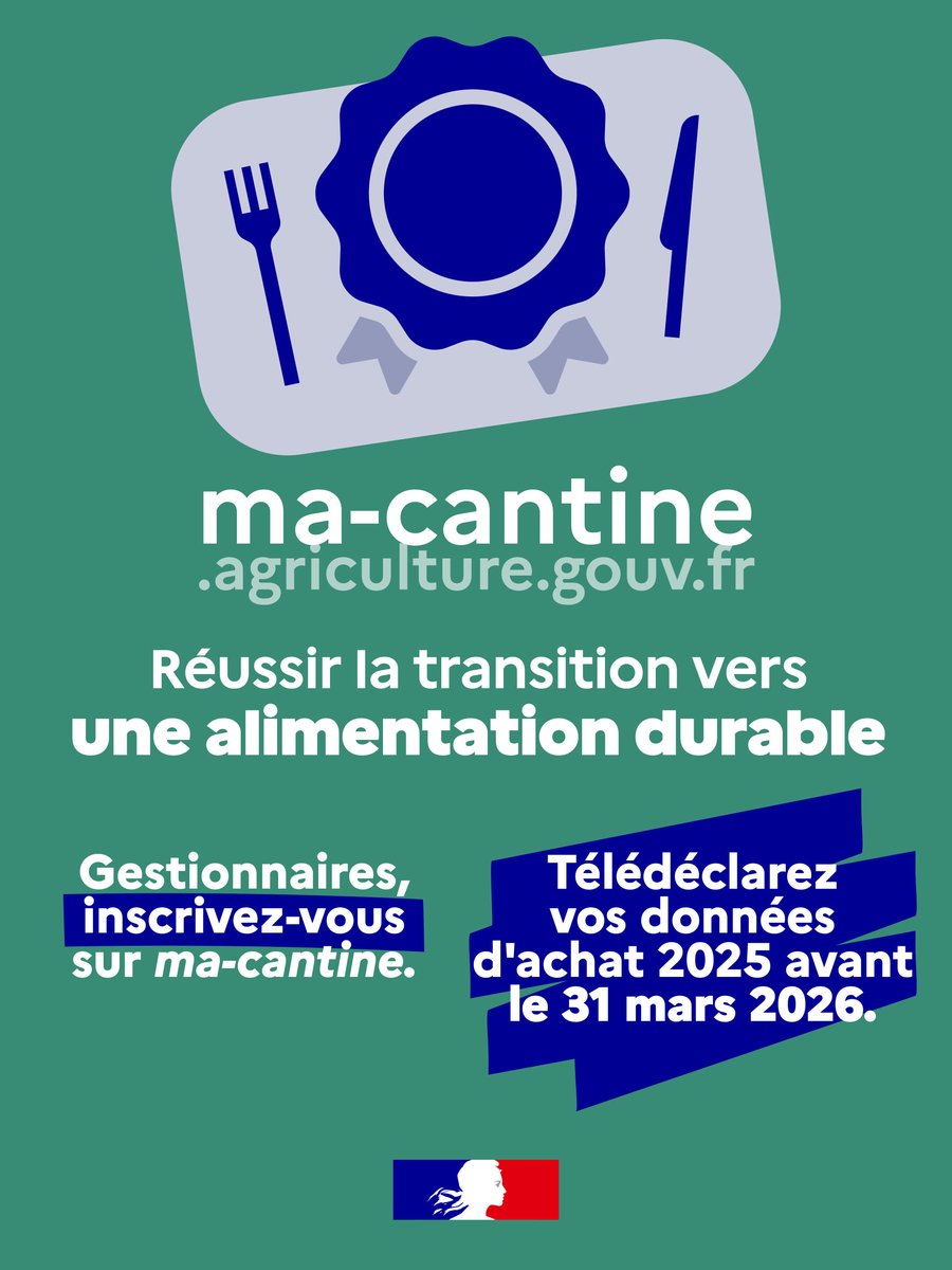 Agri_Gouv's tweet photo. 📢 La campagne de télédéclaration #MaCantine est ouverte jusqu'au 31 mars 2026 !
Retrouvez toutes les informations sur cette plateforme à destination des gestionnaires de cantines 🔗 https://t.co/nLaGkG4V7l https://t.co/YBkHqdvejz