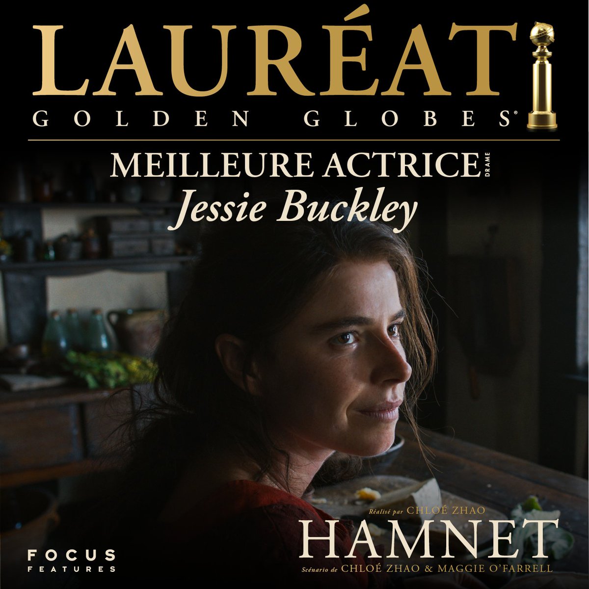 FocusFeaturesFR's tweet image. Jessie Buckley remporte le Golden Globe® de la meilleure actrice dans un film dramatique pour sa prestation dans le film Hamnet, de Chloé Zhao 🏆
Rendez-vous le 21 janvier au cinéma.  #HamnetLeFilm #GoldenGlobes