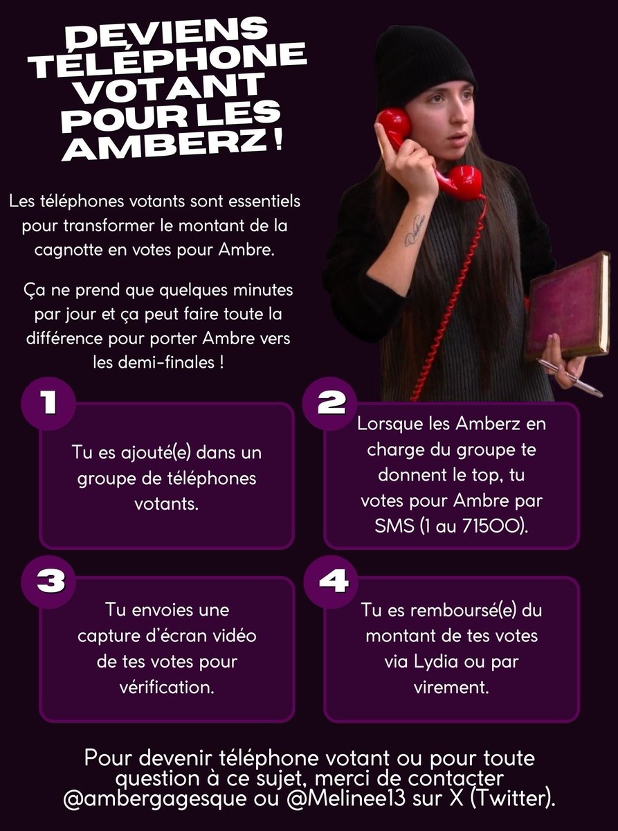 Nous sommes en recherche active de téléphones votants pour Ambre ‼️

Contactez moi en DM si vous voulez intégrer le groupe et vous mobiliser. 
 
La cagnotte est encore disponible pour toutes les personnes ne pouvant pas voter avec leur téléphone ou qui ne résidant pas en France :