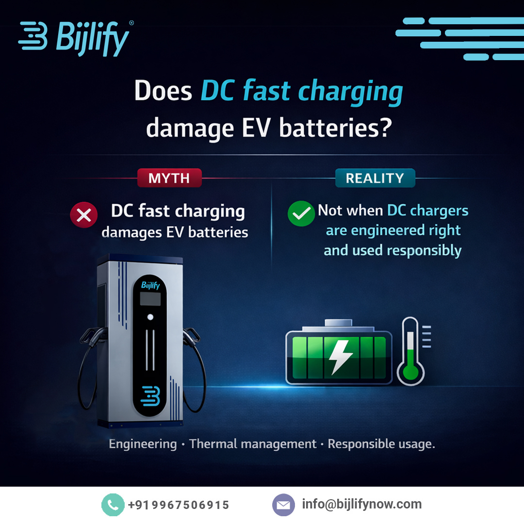 Bijlify's tweet photo. Myth: DC fast charging damages EV batteries ❌
Reality: Not when chargers are engineered right and used responsibly. Design > fear. #EVMyths #DCFastCharging #EVCharging https://t.co/KkLkO1PYnD