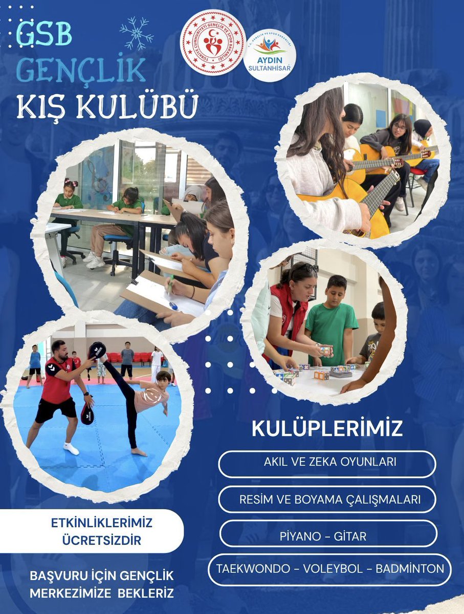 ❄️GSB Gençlik Kış Kulübü başlıyor! 

Yarıyıl tatilinde; sosyal, kültürel, sportif ve sanatsal etkinliklerle dolu bir program gençleri bekliyor. 
1. Dönem: 19–24 Ocak 2026 
2. Dönem: 26–31 Ocak 2026
 
9–12 &amp; 13–15 yaş grupları 

Başvurular Gençlik Merkezimizde
#GSBGM  #KışKulübü