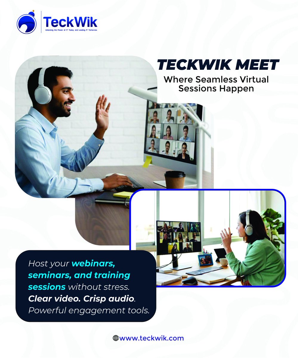 Teckwik10's tweet photo. Virtual sessions should be smooth, engaging, and interruption-free  that’s what TeckWik Meet delivers.
Host professional webinars, seminars &amp; live trainings with clear video, crisp audio, and smart engagement features.

#VirtualMeetings #Webinars #OnlineTraining #TeckWik https://t.co/ktWYGUI8fQ