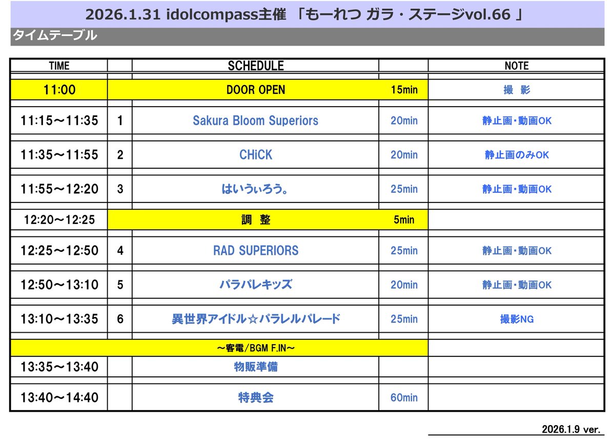 【開催】
2026年1/31（土）
「もーれつ ガラ・ステージvol.66」
@池袋Only You
開場11:00／開演11:15
前売り2,900円（1D別）当日＋500円
チケット：tiget.net/events/452648（予約のみ当日払い）
出演：Sakura Bloom Superiors
#サクスペ
#パラパレ
#はいうぃろう。
#パラパレキッズ
#CHiCK
#ラドスペ