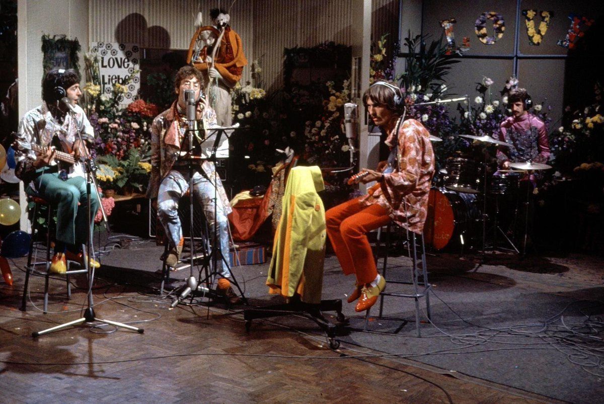 BeatlesEarth's tweet image. The Beatles performing “All You Need Is Love” on the first live worldwide TV broadcast, 1967.
