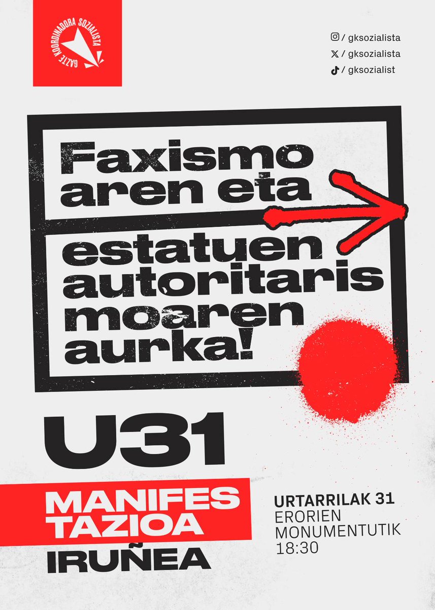 Urtarrilaren 31n Bilbon eta Iruñean manifestazioak egingo ditugu. 

Faxismoaren eta estatuen autoritarismoaren aurka gazte langileok kaleak hartuko ditugu. 

📍Bilbon 18:00etan Jesusen Bihotza Plazatik

📍Iruñean 18:30ean Erorien Monumentutik

#U31Mobilizatu