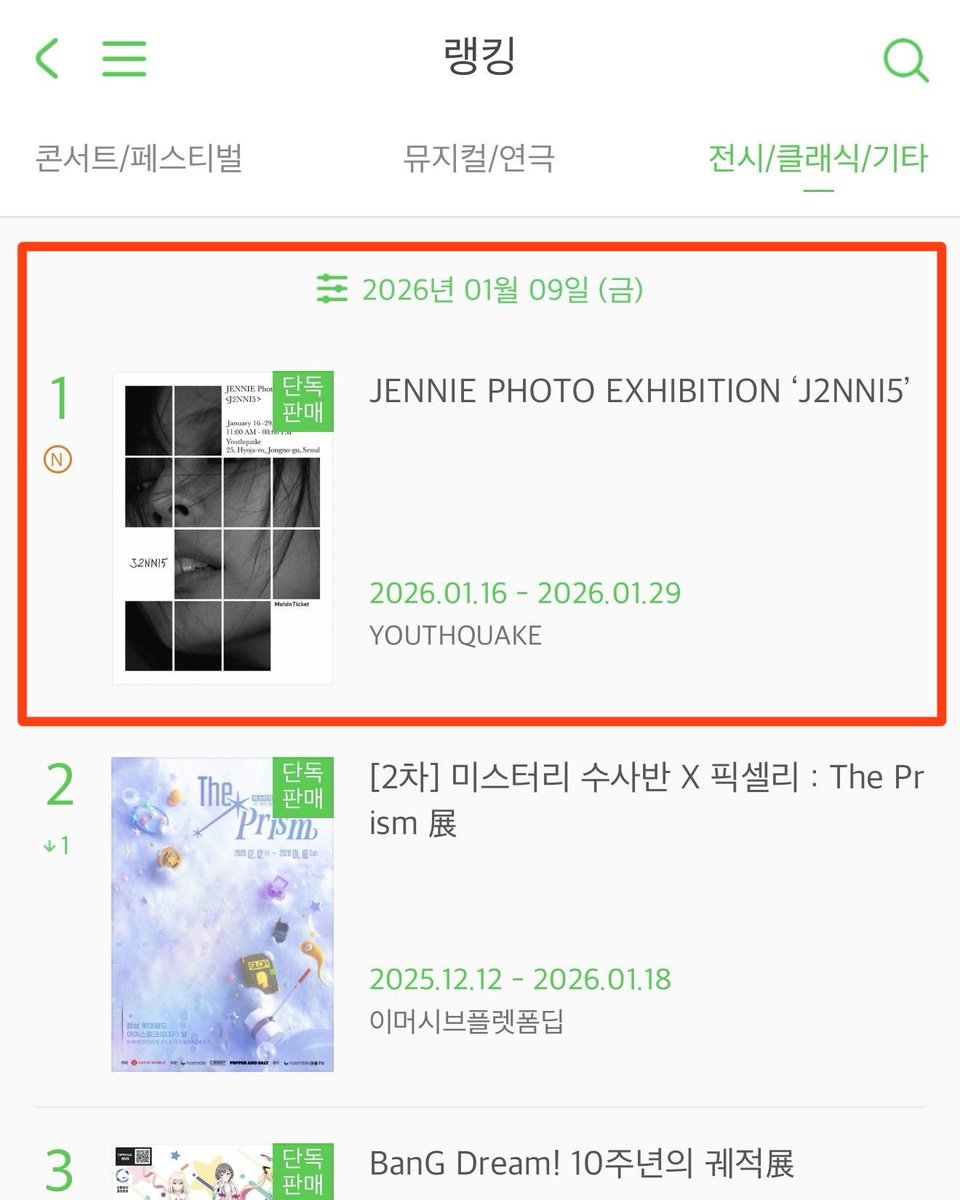 TheePopCore's tweet image. JENNIE’s photo exhibition &amp;lt;J2NNI5&amp;gt; tickets SOLD OUT almost instantly and went straight to #1 on the daily exhibition rankings upon opening.