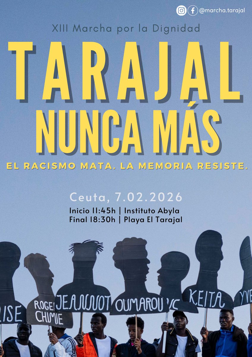 CGT's tweet image. #7F ¡¡#Tarajal nunca más!! El racismo mata, pero la memoria resiste.

Nos unimos un año más a la ‘XIII Marcha por la #Dignidad’ que tendrá lugar en #Ceuta.