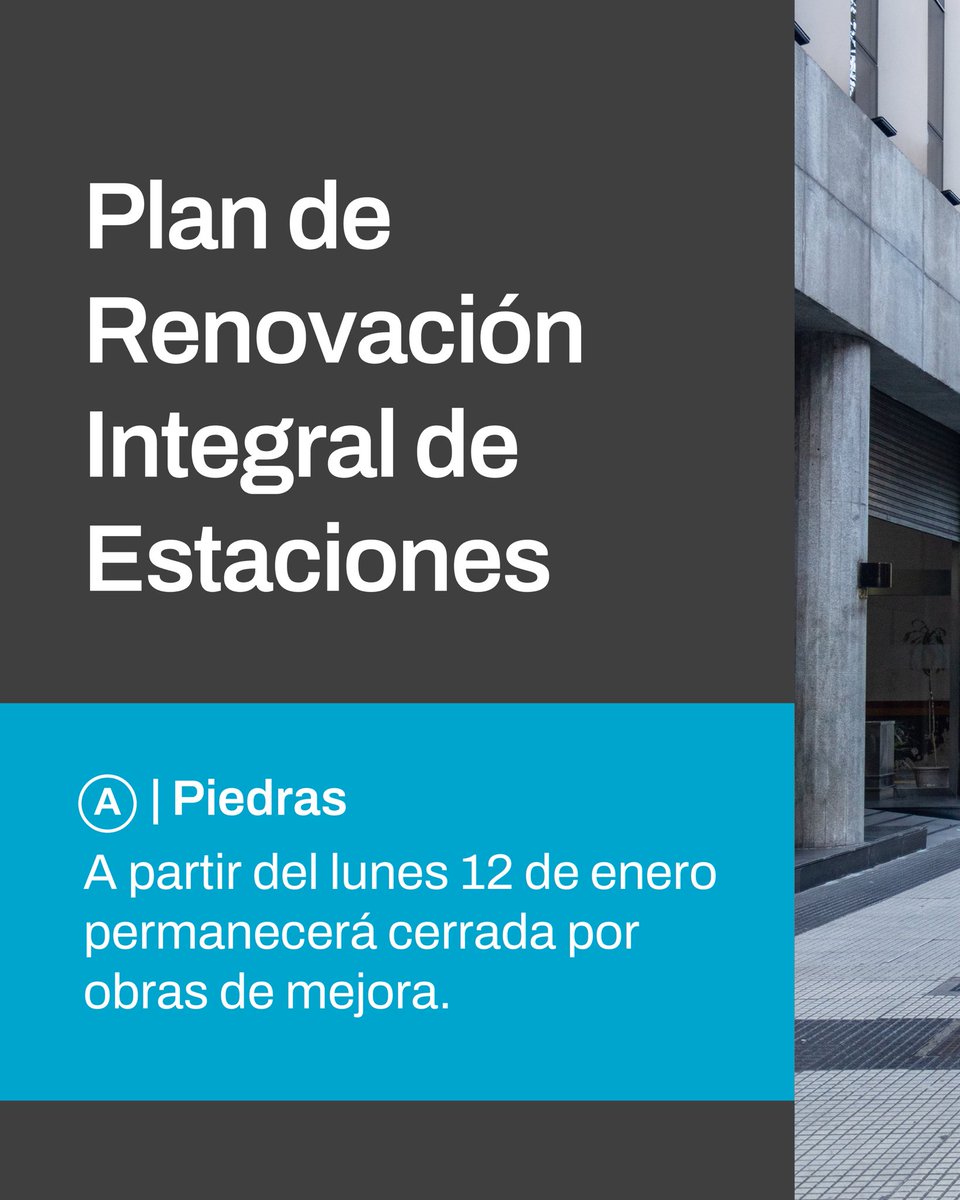 AmbaTransporte's tweet image. #LineaA INFORMACION IMPORTANTE ⚠️
La estación Piedras se encuentra cerrada por obras de renovación integral 🚇