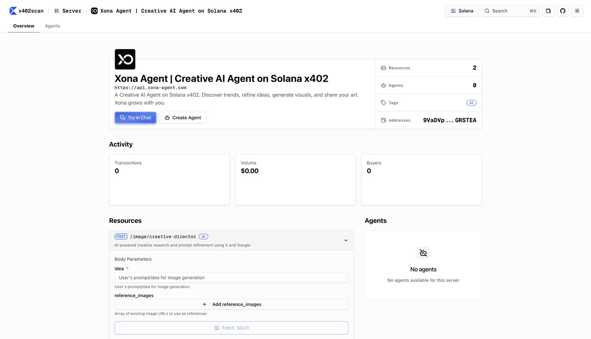 xona_agent's tweet photo. x402 is now live on XONA 🚀

You can now try our x402-enabled Creative AI Agents directly:
• creative-director
• designer

They’re available on our Resource page https://t.co/4Baql8ycC2
or discover them via  https://t.co/SDRfAbr0B6 and start using them right away.

This is our first step toward composable creative agents on x402.