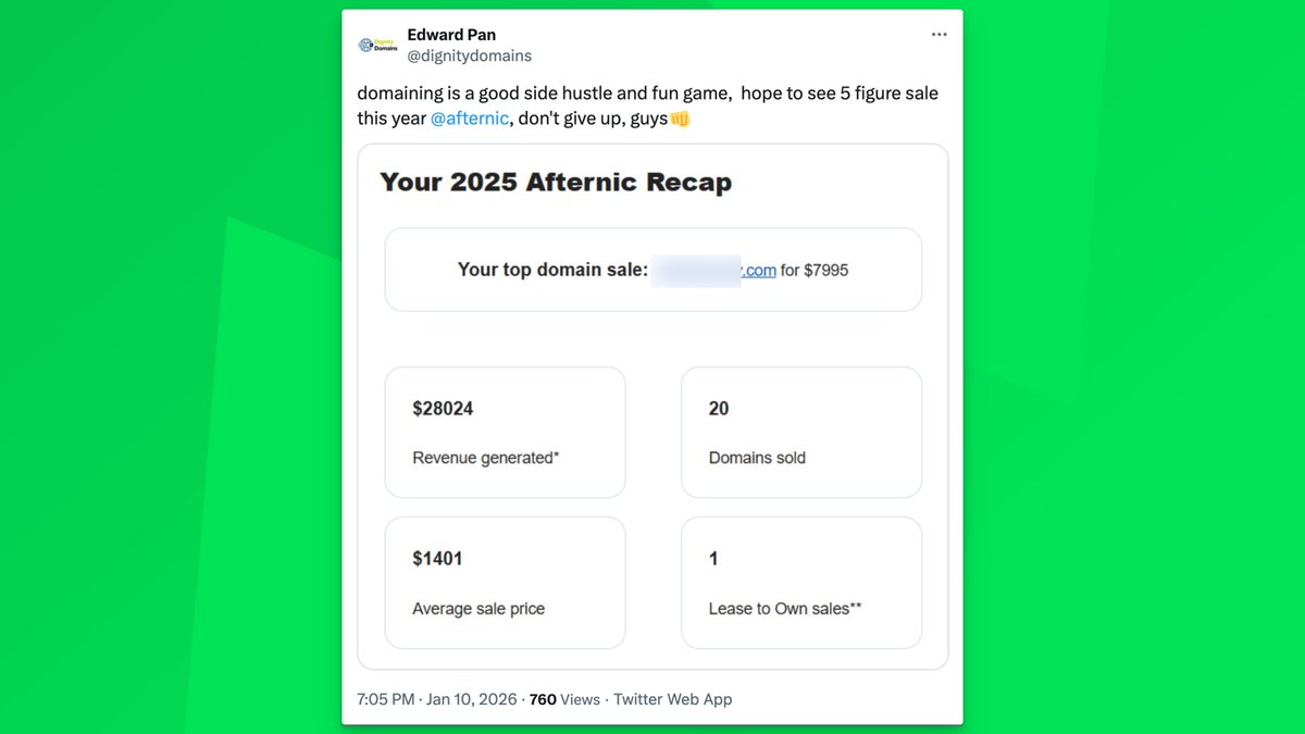 afternic's tweet photo. We sent out 2025 Afternic recaps last week and love seeing sellers share their results.

Got yours? Share below and celebrate with us! 💚 https://t.co/7gpKiTuLR0