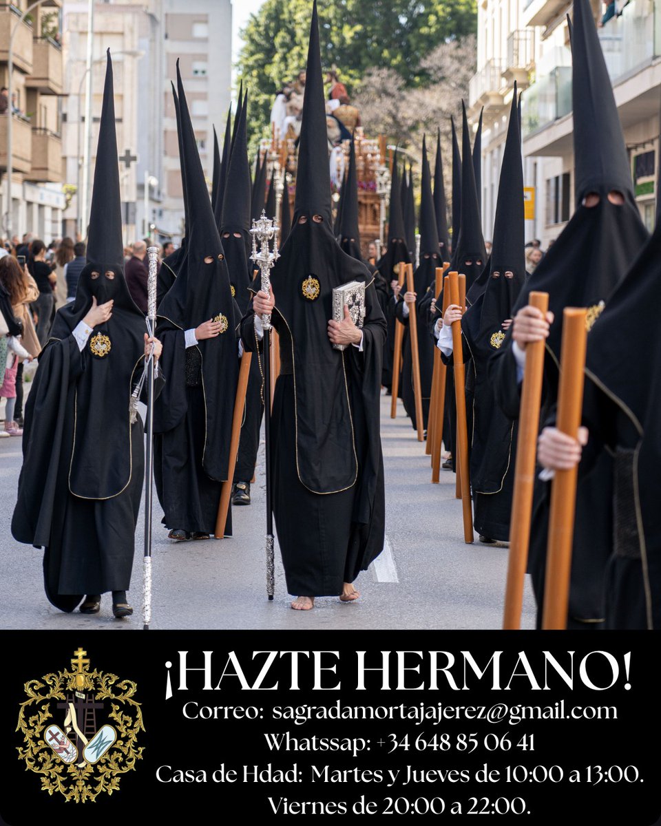 #HazteHermano | Si quieres unirte a esta Seráfica Hermandad os compartimos los sitios webs donde poder darte de alta como hermano:

Correo:  sagradamortajajerez@gmail.com
Whatssap: +34 648 85 06 41
Casa de Hdad: 
- Martes y Jueves de 10:00 a 13:00 h.
- Viernes de 20:00 a 22:00 h.