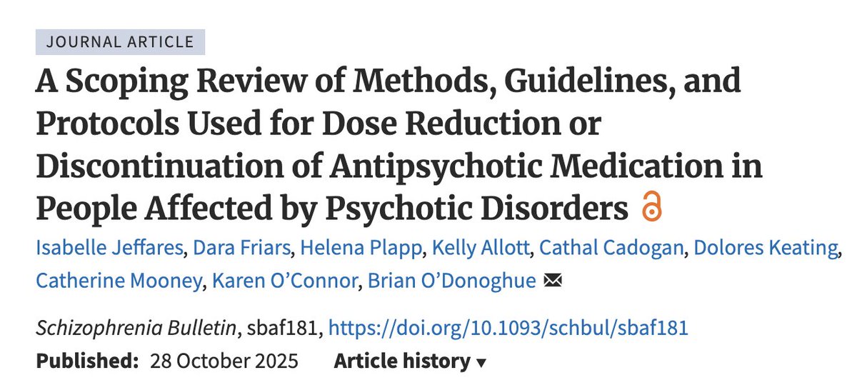 New scoping review in Schizophrenia Bulletin about methods of tapering antipsychotics finds "a move toward gradual and hyperbolic methods since 2020" bit.ly/49z4ab6