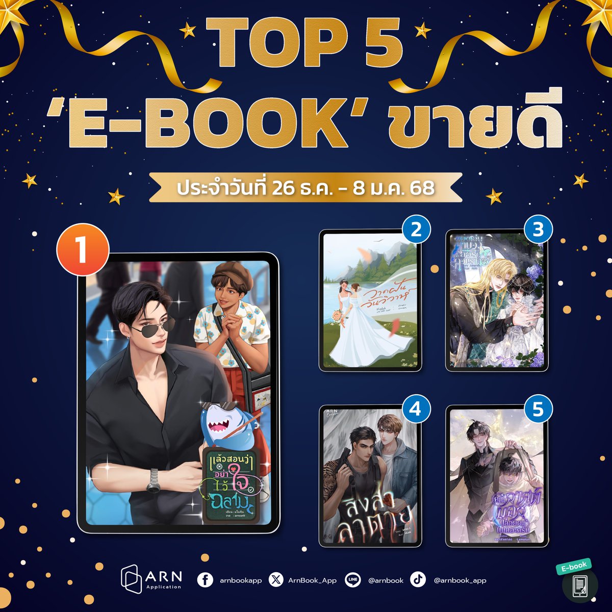 ARN Bestsellers 5 อันดับ ‘E-BOOK’ ขายดีบน ARN Application ประจำวันที่  26 ธ.ค. - 8 ม.ค. 68

📚 #แล้วสอนว่าอย่าไว้ใจฉลาม โดย มโนชิน <a href="/chinpnchin/">มโนชิน</a> 
‘กำพล’ ติวเตอร์หนุ่มจากแดนอีสานมาทำงานกรุงเทพฯ หลายปี กำลังจะตกงานเพราะพิษเศรษฐกิจ แต่แล้วก็มีคนใจดี