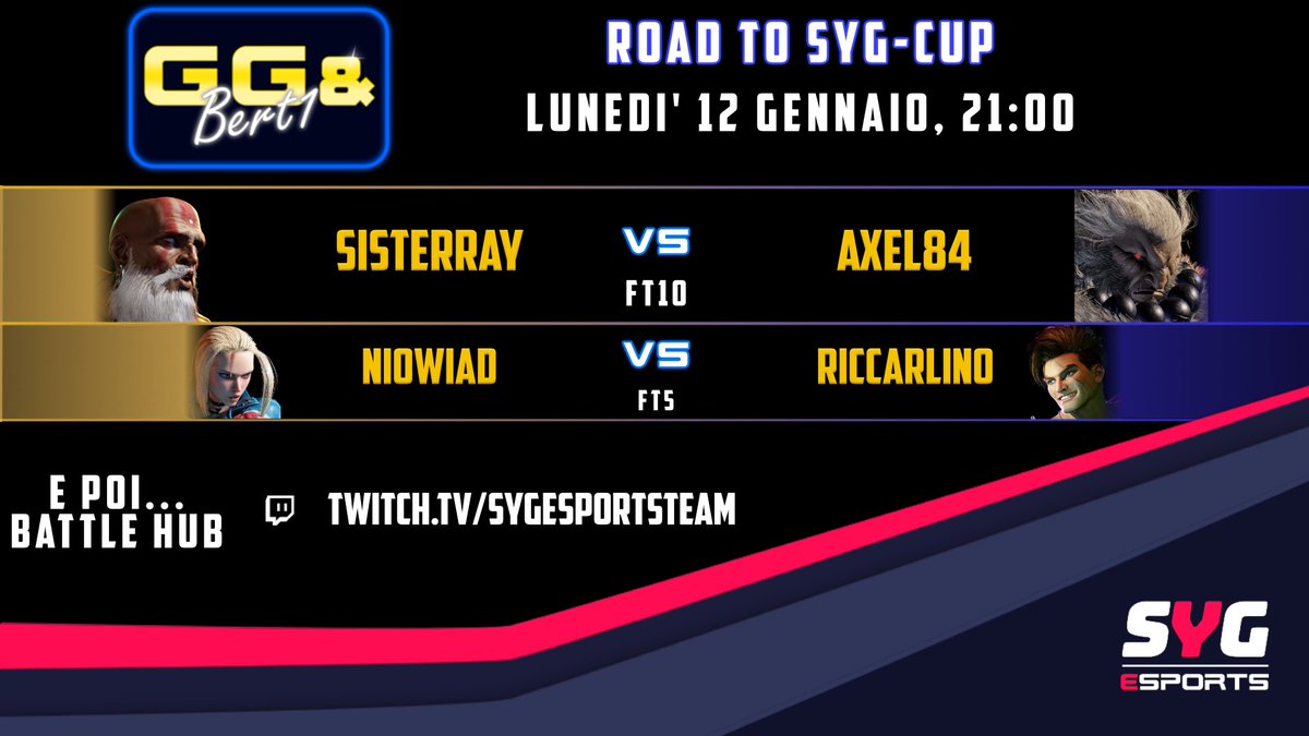 SYGEsportsTeam's tweet photo. Stasera alle 21 una nuova puntata del GG &amp; Bert1, "Road to SygCup", ovviamente con il caraibico @TheBert_one ❤️

Niowiad vs Riccarlino (FT5)
SisterRay vs Axel84 (FT10)

A stasera! 🔥 https://t.co/nXJGQQcnWI