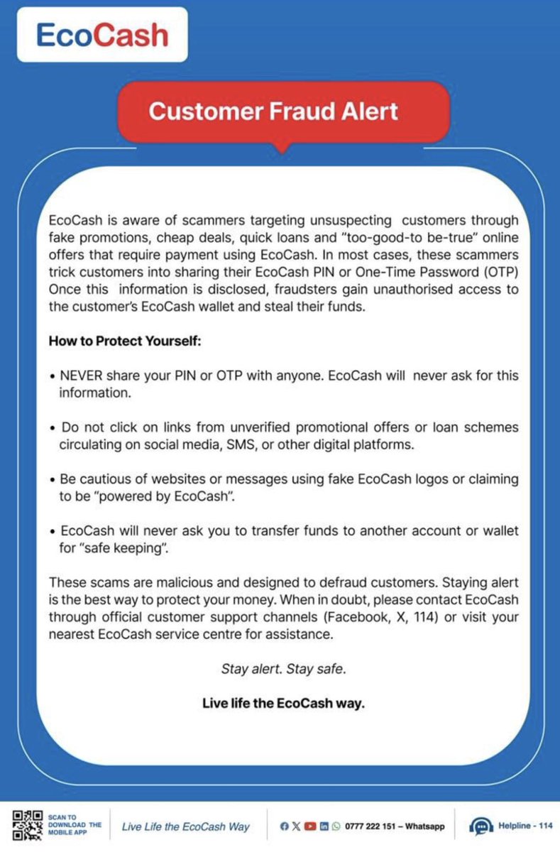 daddyhope's tweet image. One of the senior Econet executives has reached out to me and explained that their customers and clients are falling prey to scammers. He shared this statement prepared by EcoCash, which I am posting below.

EcoCash says scammers are targeting unsuspecting customers using fake…