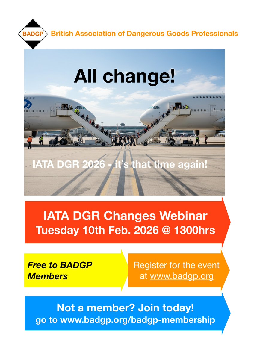 It’s that time of year again when IATA DGR is published and we need to get to grips with the planned changes in both content, state and operator variations. 

Register for the BADGP IATA 2026 Updates webinar: badgp.org/event-6509242

#badgp #dgsa #dangerousgoods #iata