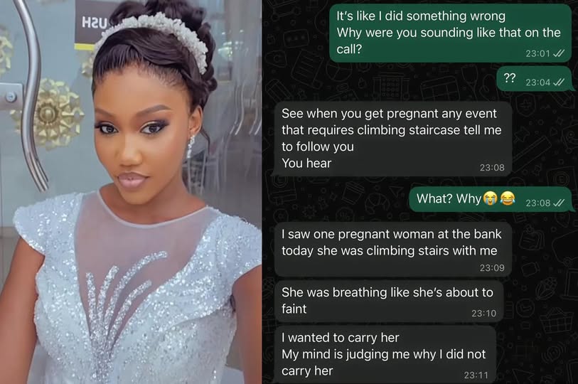 Lady shares funny message from her husband after he saw a pregnant woman climb a staircase.