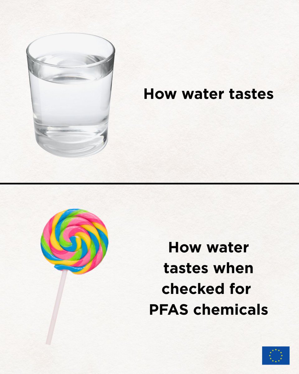 💧 Your drinking water should taste like… safe.

New EU rules set limits for #PFAS (“forever chemicals”) in drinking water – substances that can harm health and the environment.

If limits are exceeded, EU countries must act to reduce them.

Read more: link.europa.eu/KYWtQb